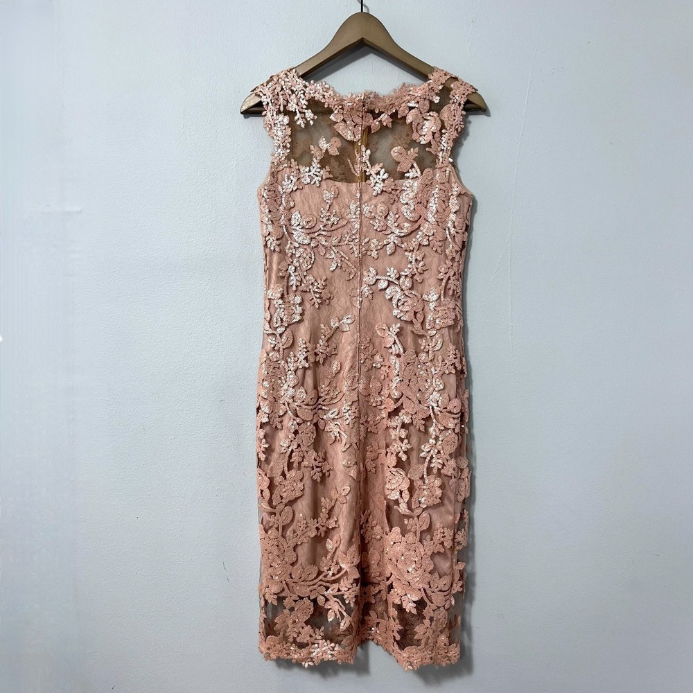 Tadashi Shoji Dress 6 Antique Pink Sheath Paillette Embroidered Lace Cocktail - Picture 4 of 12